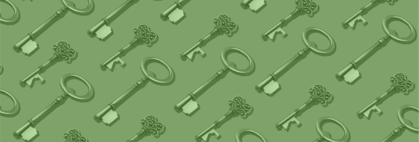 Keys laid out on a flat surface, overlaid with a color filter of Duo green