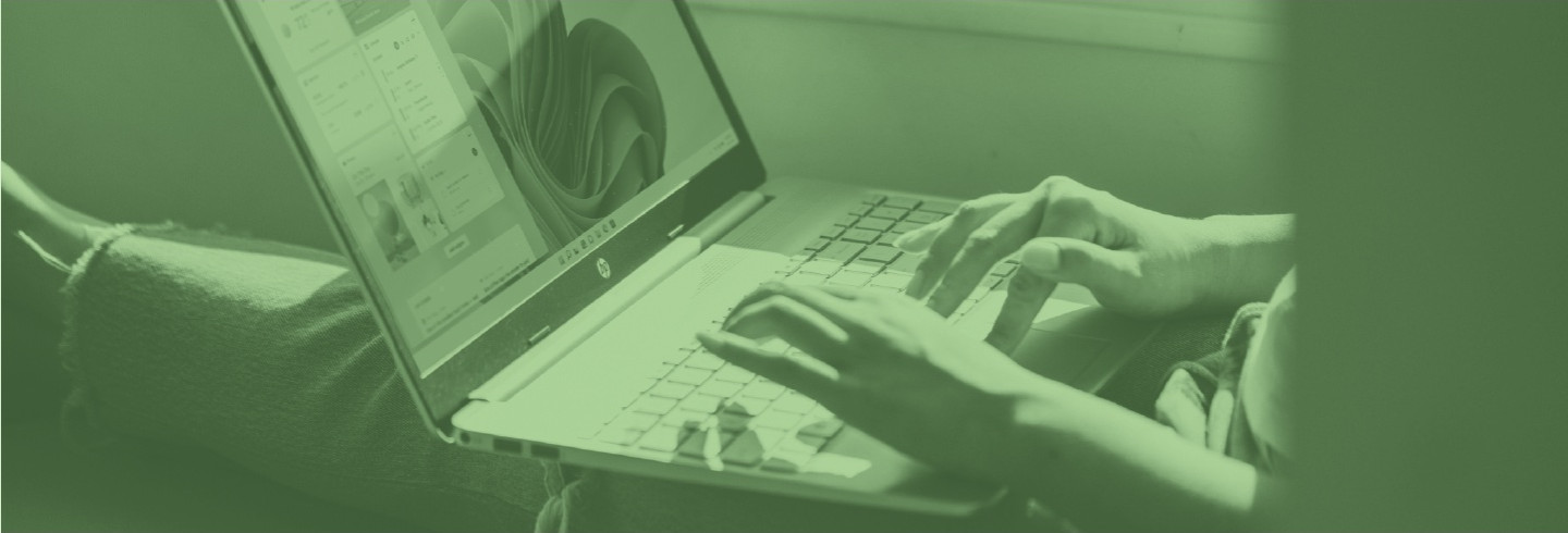 A person sits in a window seat while working on a laptop computer, overlaid with a color filter in Duo green