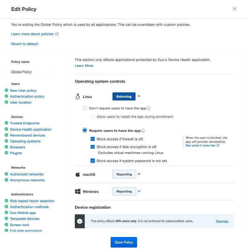 Screenshot of the DHA policy manager, which includes Linux policies.