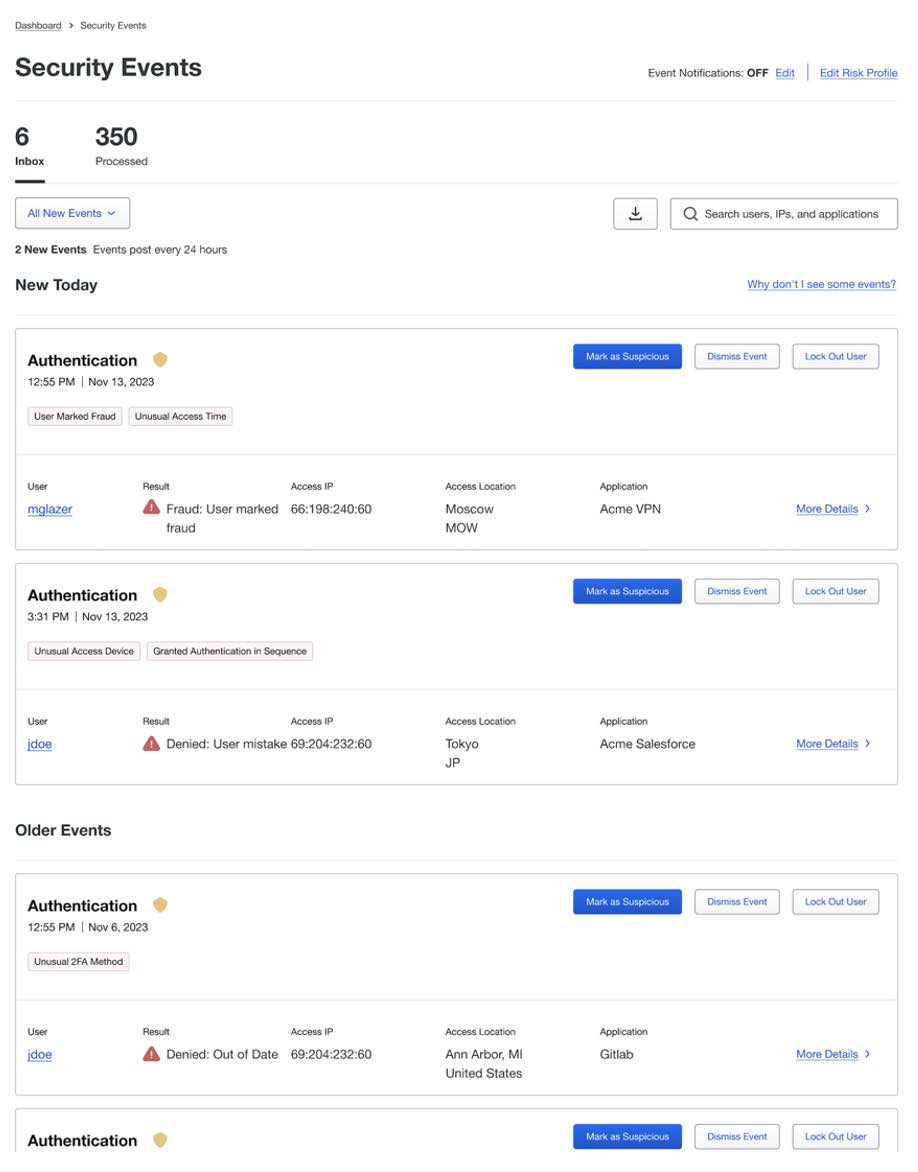 Screenshot of the Duo security events dashboard