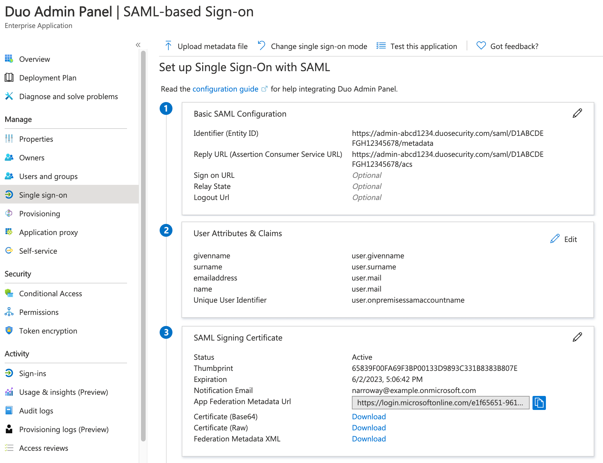 Duo Admin Panel Entra ID App SSO Information