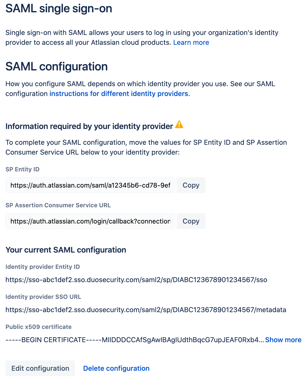 Atlassian Cloud Single Sign-On Settings Page Continued