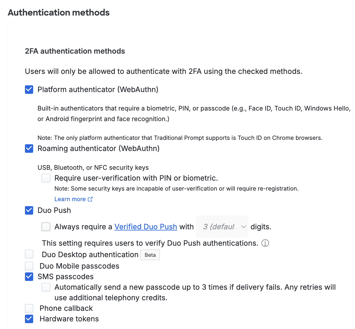 Authentication Methods Settings