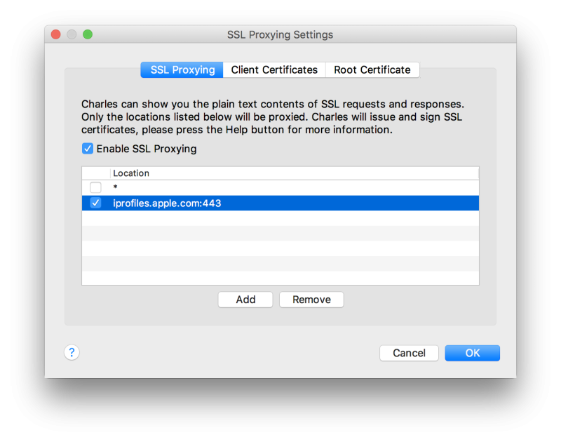 Charles SSL Proxying Settings.