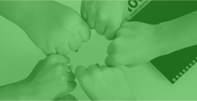 Stylized image of five hands fist bumping each other.