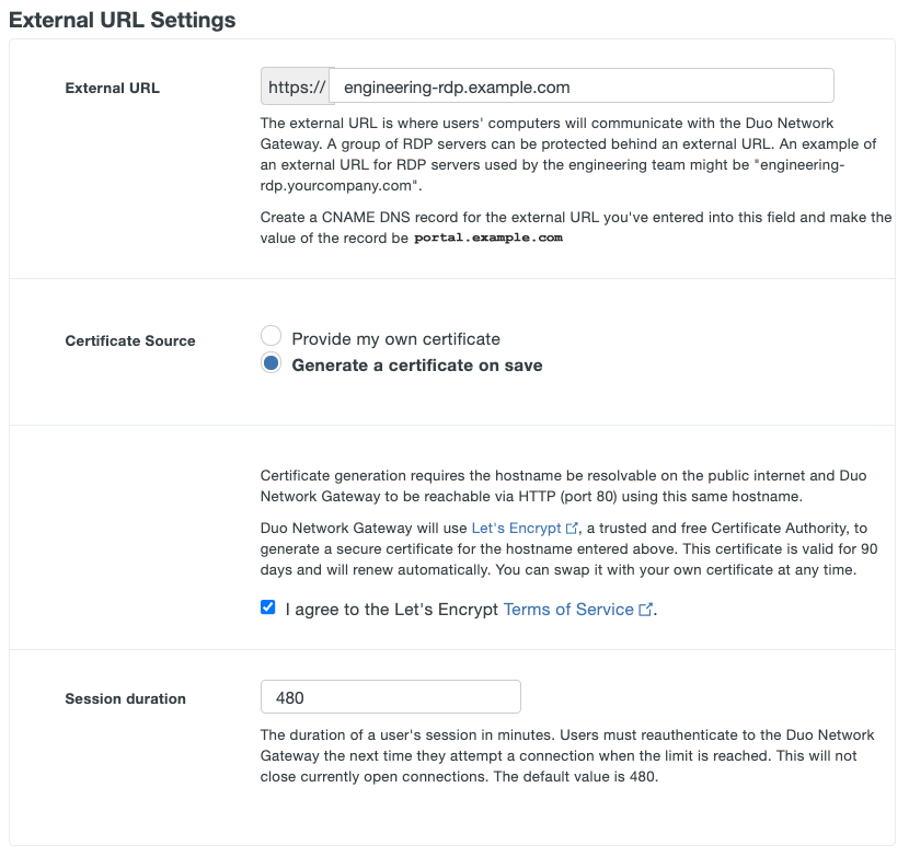 Configure Relay Host settings for Duo Network Gateway RDP server with Let's Encrypt