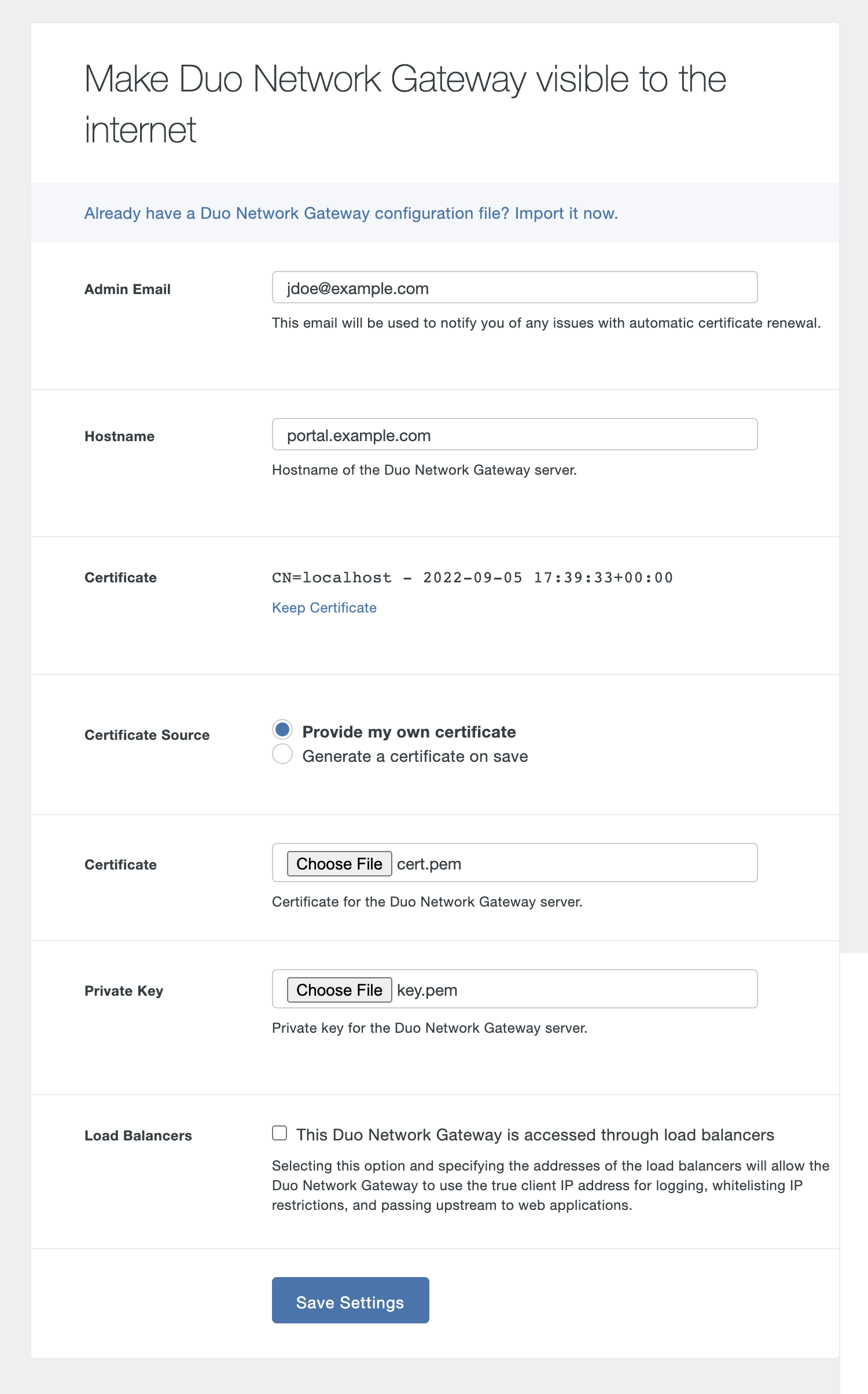 Duo Network Gateway Initial Set Hostname Page