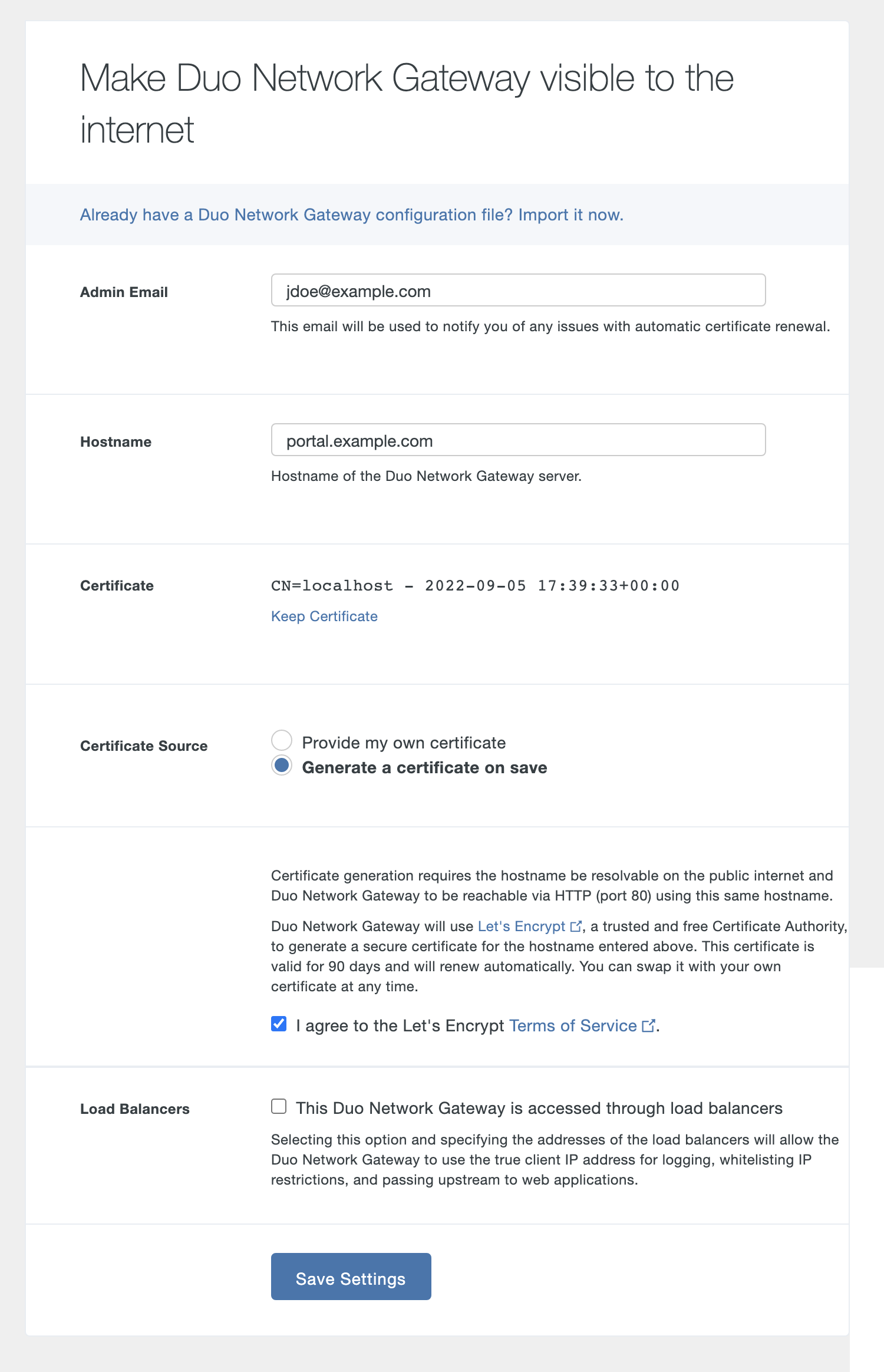 Duo Network Gateway Initial Set Hostname Page with Let's Encrypt