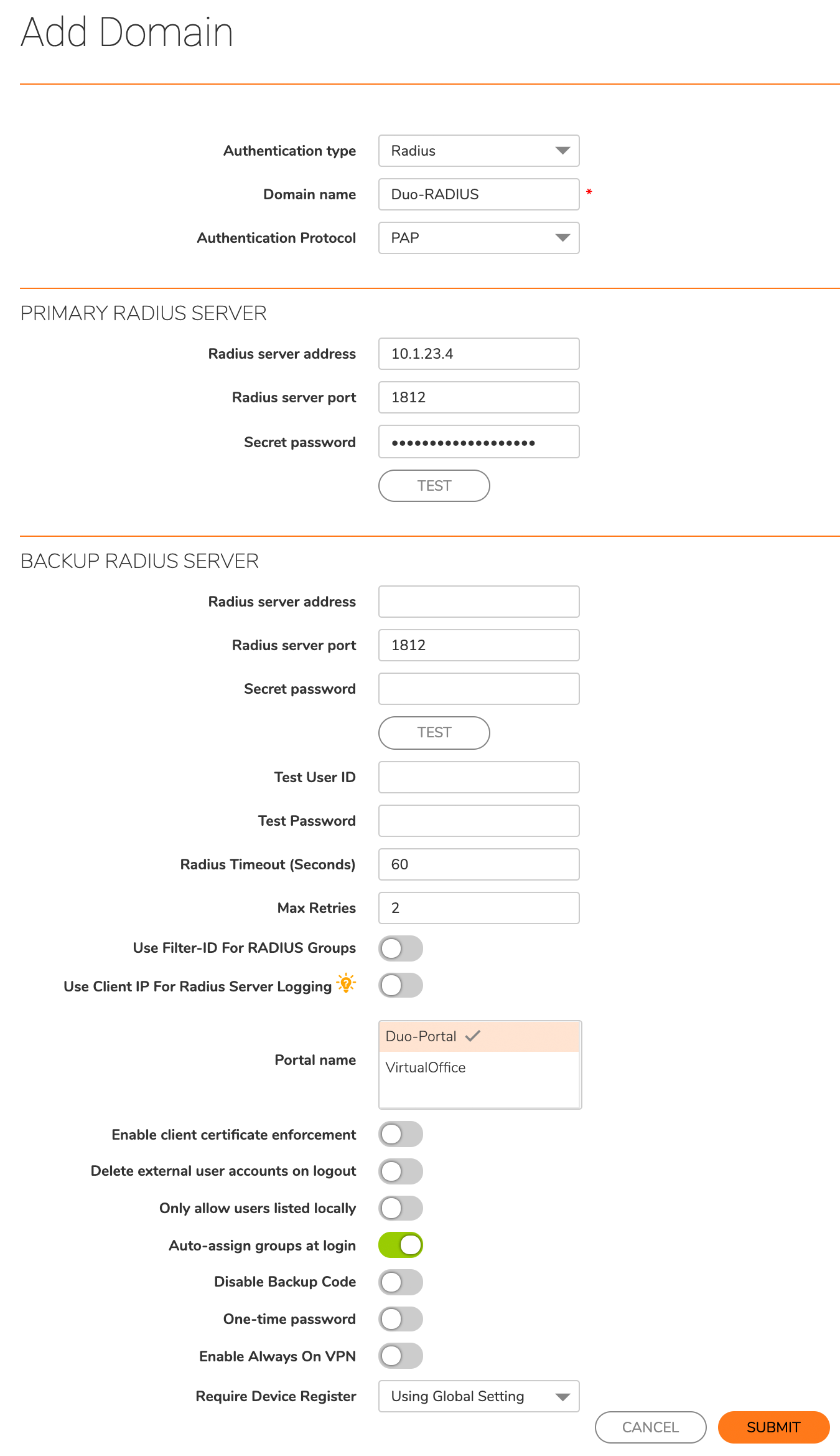 RADIUS Domain Add