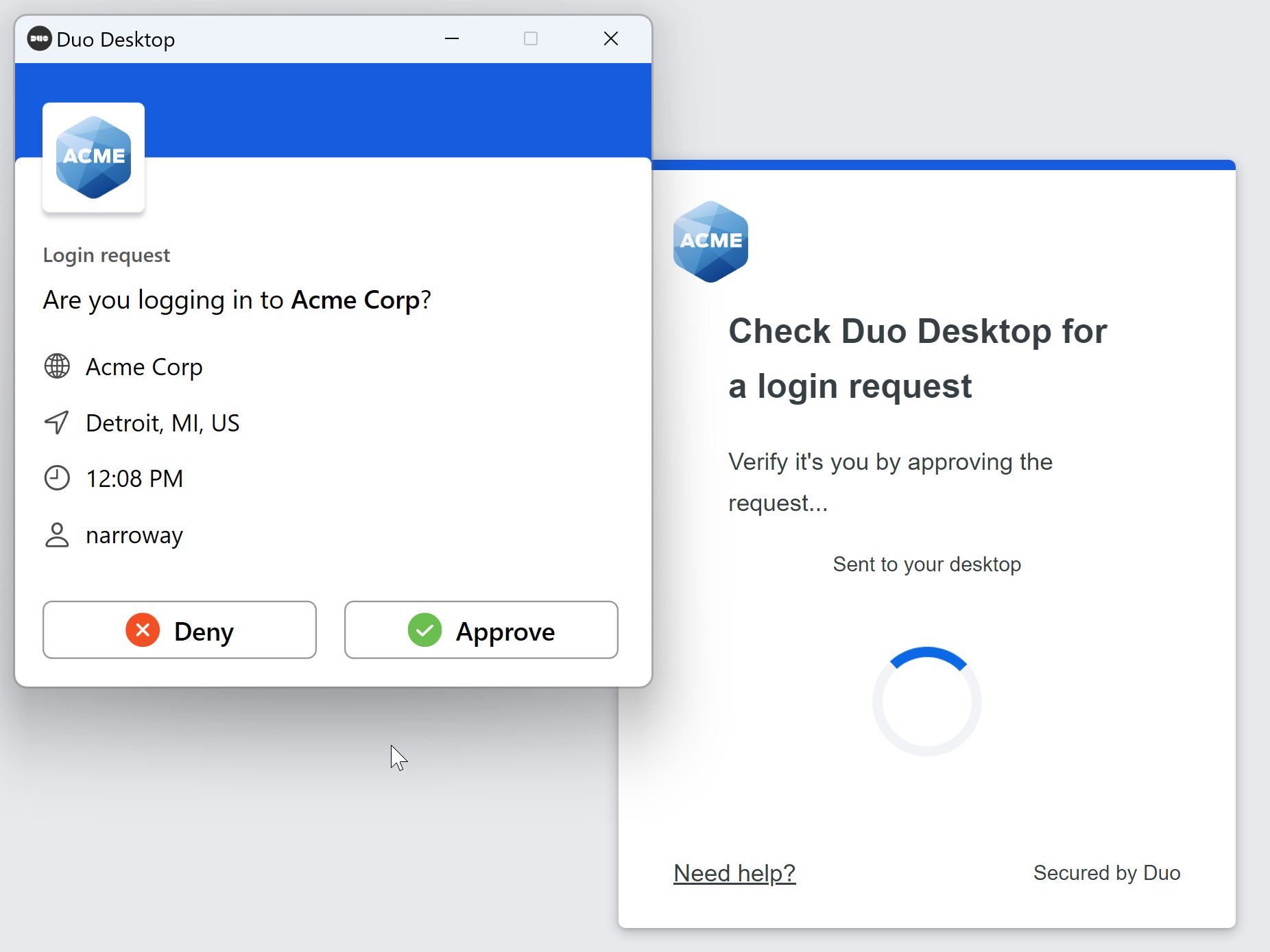 Approve prompt for Duo Desktop authentication on Windows