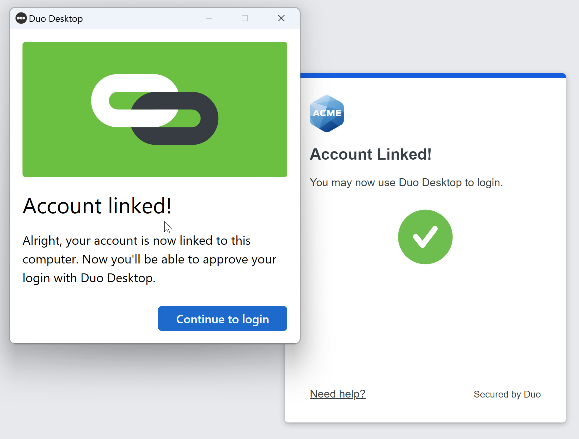 Continue to Login for Duo Desktop authentication on Windows