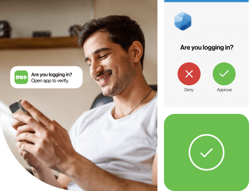 Person working on their mobile device and getting a Duo Push notification to verify whether they are logging in and getting a successful notification.