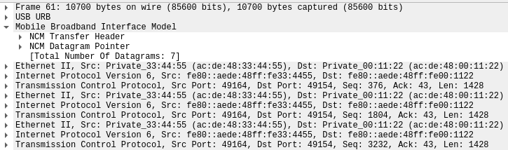 Multiple Ethernet frames encapsulated in a single MBIM packet