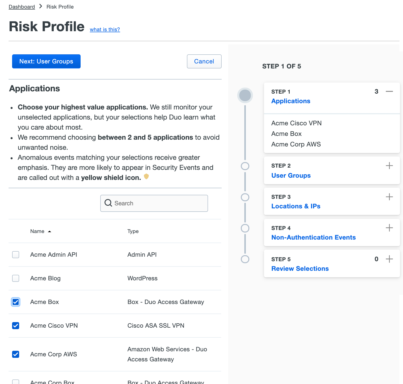 Risk Profile - Selecting Applications