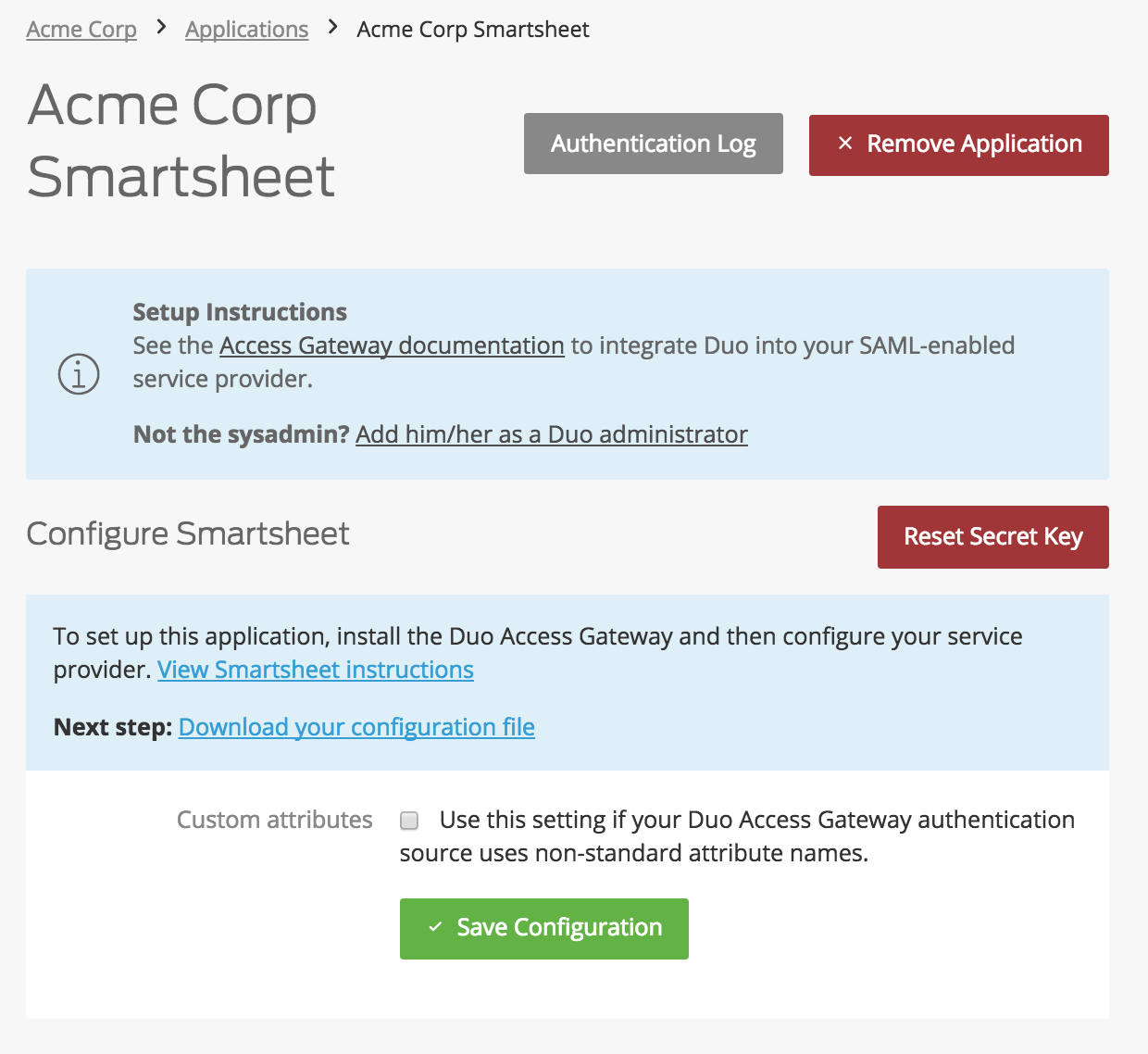 Duo Smartsheet Application Settings