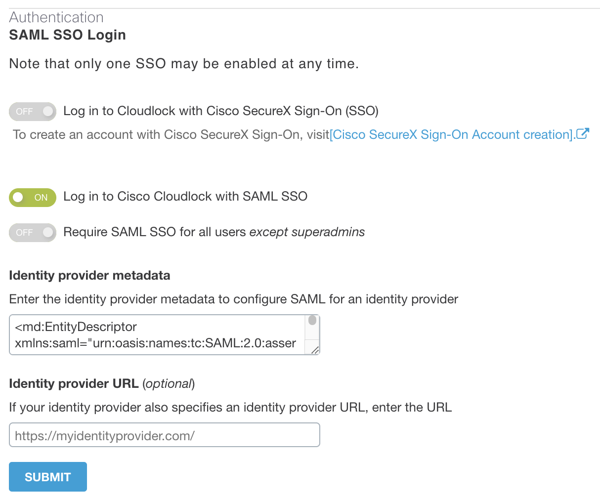 Cisco Cloudlock SAML Configuration Settings