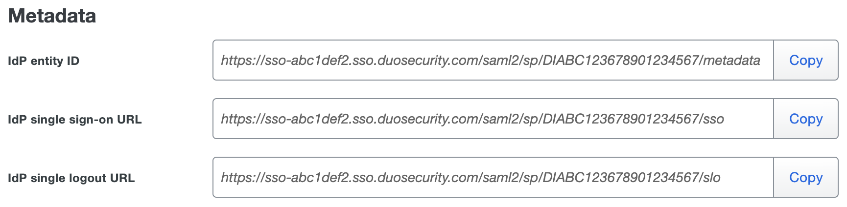 Duo Fortinet FortiGate Administrators Metadata URLs