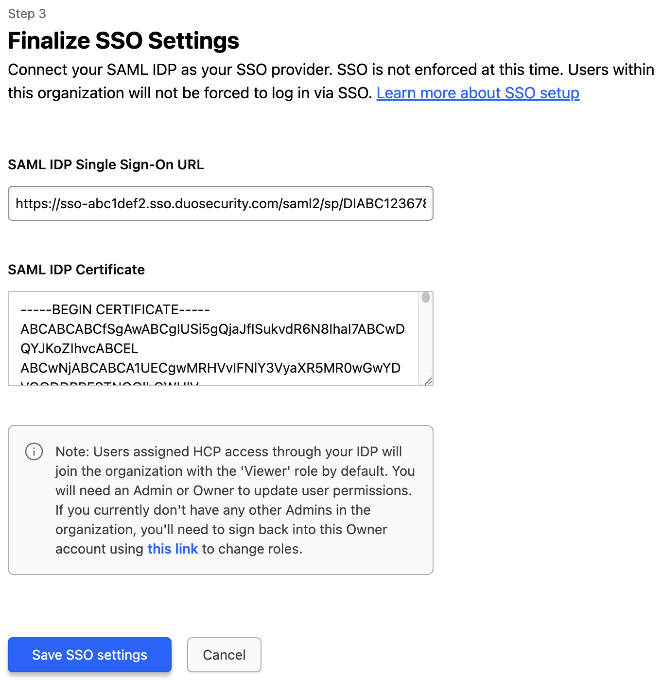 HashiCorp Cloud Finalize SSO Settings