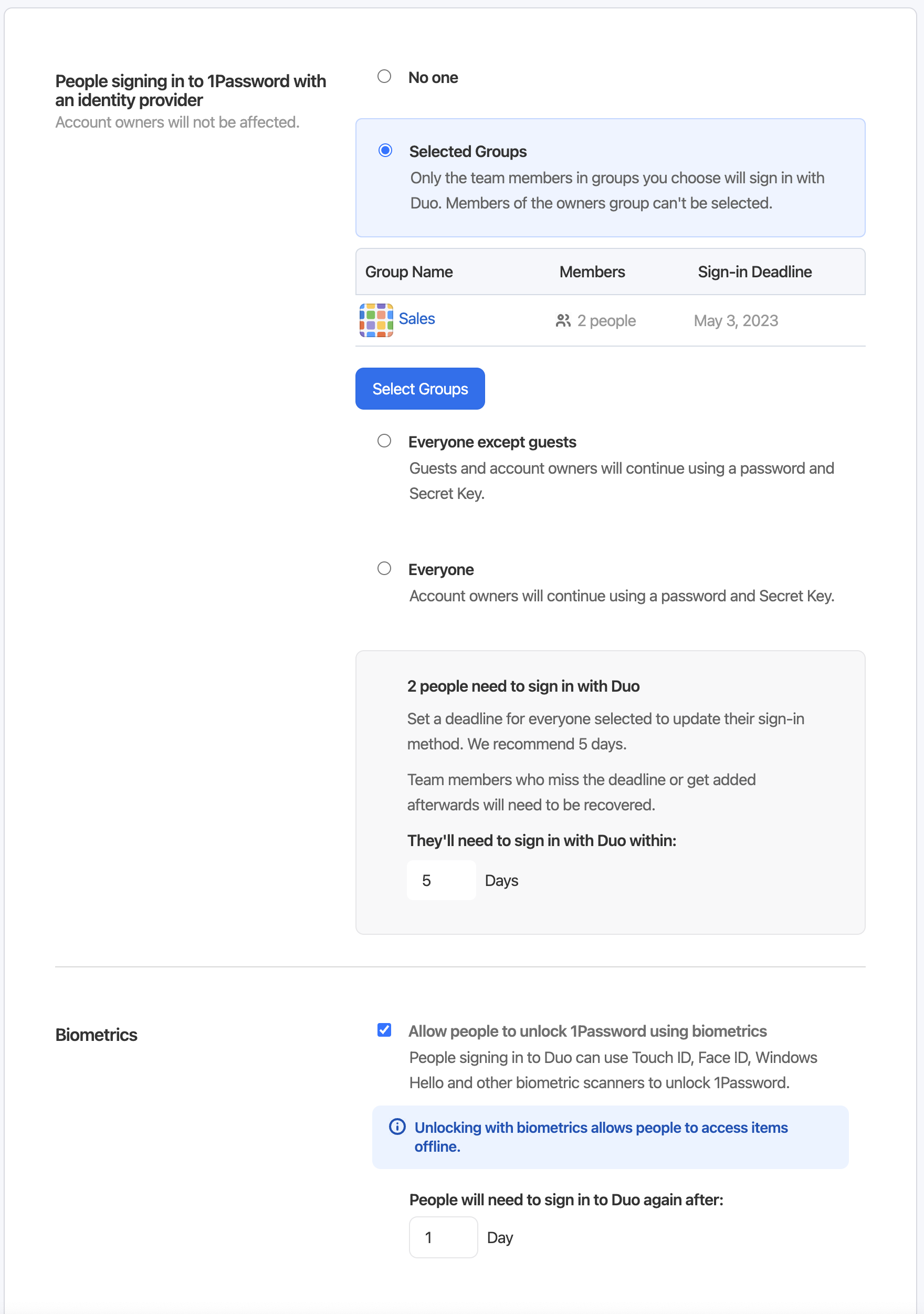 1Password configuration screen