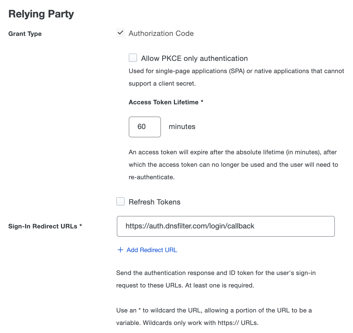 Configure DNSFilter grant type and redirect URLs