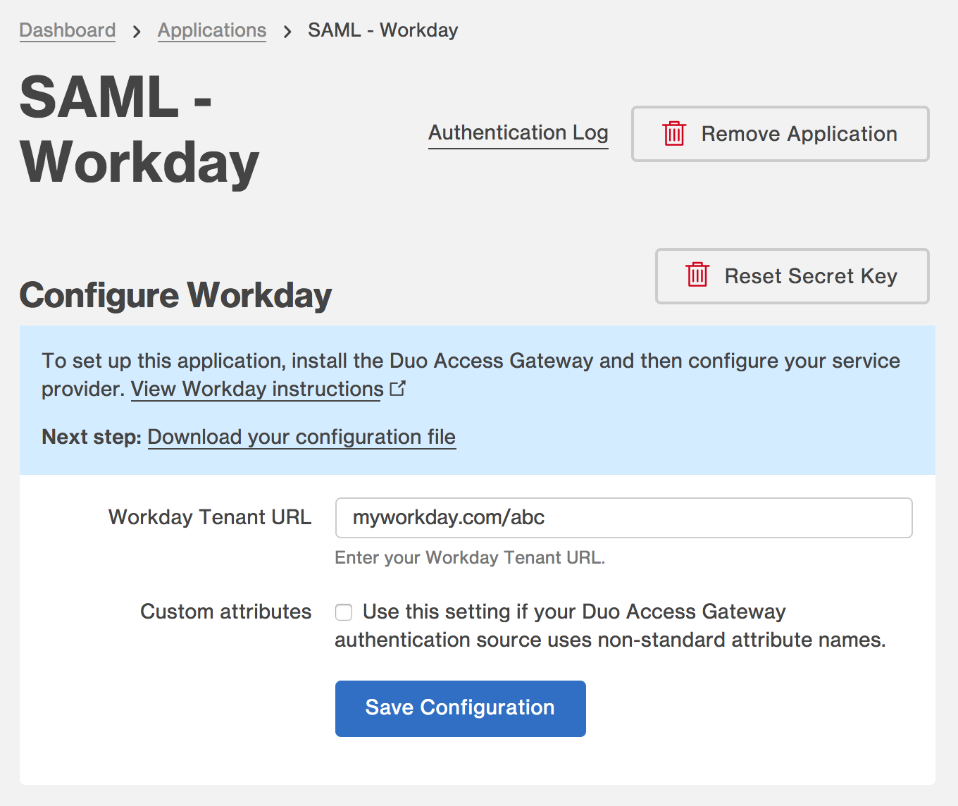 Duo Workday Application Settings